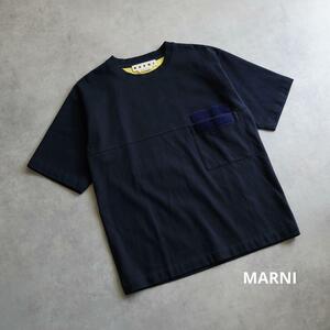 美品 MARNI マルニ ポケットTシャツ ポケT テープ装飾 切り替え クルーネック オーバーサイズ ゆったり OS ヘビーウェイト ネイビー 40