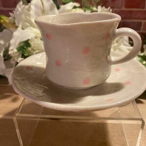 陶芸和カフェ　ピンク水玉カップ＆ソーサー　コーヒーカップ　碗皿　