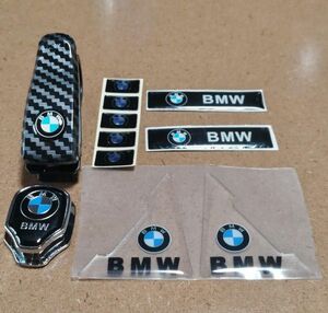 BMW エポキシ3Dステッカー＆カボンファイバー柄サンバイザークリップ＆メタルフック＆ドアエッジプロテクターステッカーセット