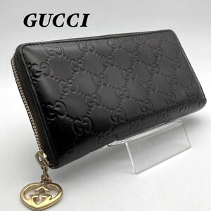 GUCCI グッチ 長財布 シマ ラウンドジップ ファスナー ブラック ハートチャーム