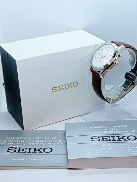 セイコー SEIKO クロノグラフ パーペチュアル 7T86-0AC0 レザーバンド クオーツ 腕時計 メンズ アラーム 海外モデル 箱あり 説明書あり