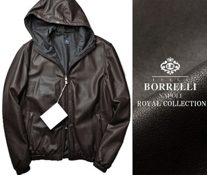 新品38万【LUIGI BORRELLIルイジボレッリ】最高峰ROYAL COLLECTION極上ラムレザーダウンパーカージャケット50/サイズL-XL相当/D10