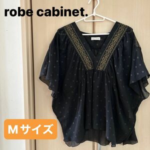 【robe cabinet.】(USED)黒 エスニック風 ドット柄 チュニック ブラウス カットソー 半袖トップス Mサイズ 