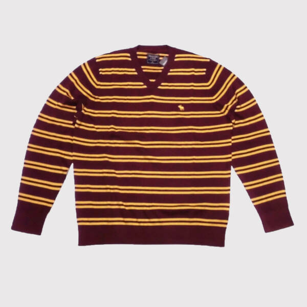 ★SALE★Abercrombie & Fitch/アバクロ★ピマコットンボーダーVネックセーター (Burgundy/Yellow/XL)