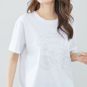 新品☆M~L パール ラインストーン 自転車デザイン Tシャツ レディース カットソー 半袖 コットン オシャレ 夏 40代 50代/白/12203318