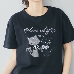 新品☆M~L パール ラインストーン ネコデザイン Tシャツ レディース カットソー 半袖 コットン オシャレ 40代 50代/ブラック/12203291