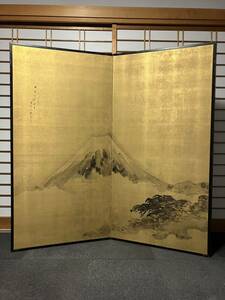 屏風 秀畝 富士 日本画 年代物 時代物 高さ約163cm