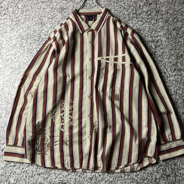 【90sオールド】マルチストライプ　刺繍デザイン　オーバーサイズL/Sシャツ　3XLサイズ　古着　長袖シャツ 