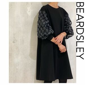 BEARDSLEY LIVETART フリンジ刺繍パフスリーブブルオーバー　ワンピース　チュニック　ブラック　黒　長袖　ビアズリー