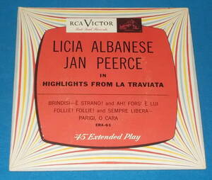 ☆7inch EP★US盤●LICIA ALBANESE/リチア・アルバネーゼ/JAN PEERCE/ジャン・ピアース「Highlights From La Traviata」カラーレコード●