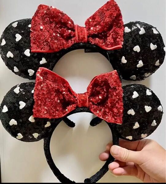 二点セットディズニー カチューシャ ミニーハート刺繍 ホワイトデー新品ブラック黒