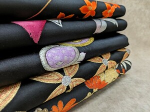 名古屋帯 着物帯 帯 5枚 まとめ売り 和装小物 黒地 レトロ柄 和柄 刺繍 花柄 着物リメイク 古布 コレクション 素材 材料 奈良発