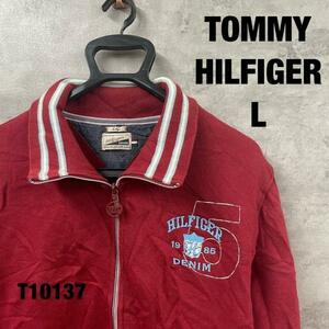 TOMMY HILFIGER レッド HILFIGER DENIM ジップアップ スウェット ジャケット L 長袖 刺しゅうロゴ 裏起毛 USA 海外輸入 古着 T10137