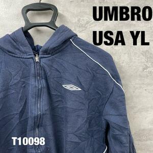 umbro ネイビー ジップアップ フーディー フード パーカー USA YL 長袖 刺しゅうロゴ 裏起毛 キッズ USA 海外輸入 古着 T10098