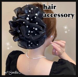 【新品】水玉 パール BIG ヘアクリップ ブラック 結婚式 パーティ 女子会 ヘアアクセサリー 髪留め 髪飾り