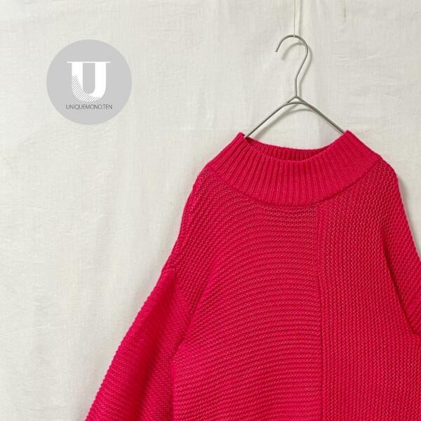 ＼セーター／ピンク　ニット チチカカ　編み　ビビッド　切り替え　古着　長袖　トップス