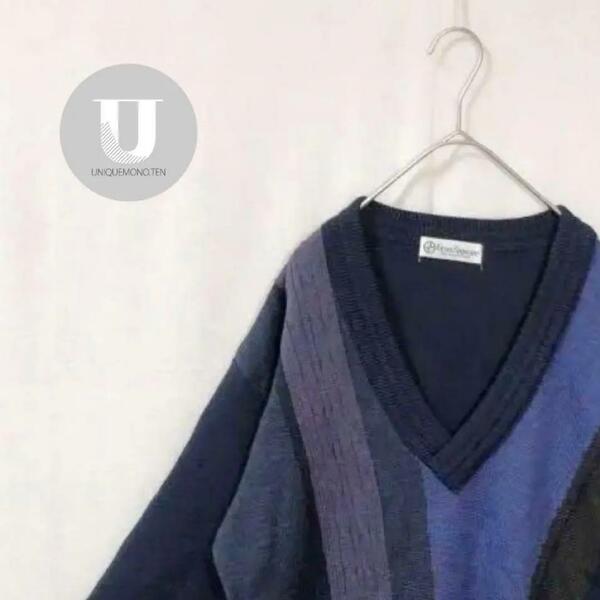 ★＼セーター／Vネック　ニット　ネイビー　3色切り替え　ゆるだぼ　古着 リブ ブルー　長袖　トップス
