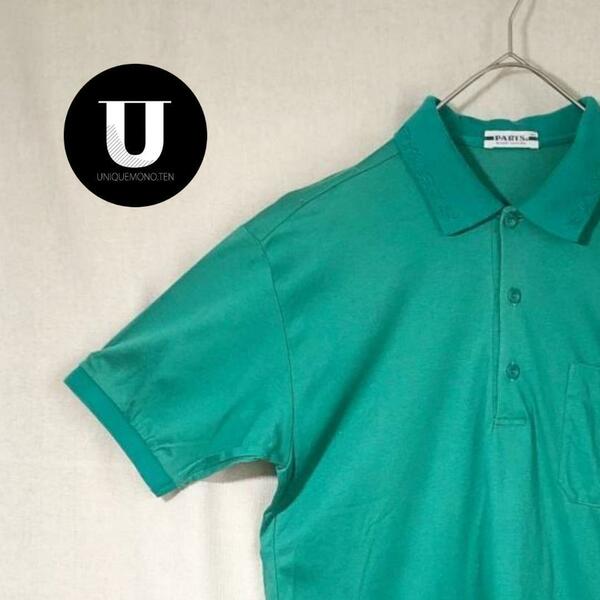 ＼ポロシャツ／半袖 　Mサイズ　グリーン 　PARIS　古着　ハーフボタン　トップス 　メンズ　レトロ　日本製