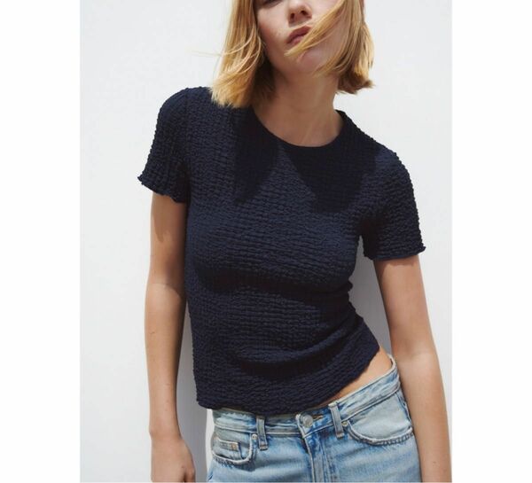 ZARA ザラ　テクスチャーTシャツ ネイビー 半袖