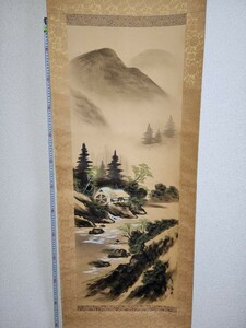 ◆掛軸17◆落款在り◆作者不明◆画寸29×126㎝ 時代物 当時物 骨董 掛け軸 軸 旧家蔵出し 昭和〜明治以前 掘出し品 風景 山水 山水図