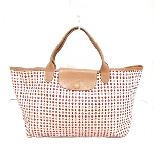  Long Champ LONGCHAMP tote bag ru*p rear -ju canvas × leather ivory × multi dot pattern bag 