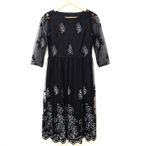  Anayi ANAYI size 36 S - black × white lady's crew neck / 7 minute sleeve / long / see-through / flower ( flower )/ embroidery / race beautiful goods One-piece 