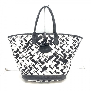  Long Champ LONGCHAMP handbag - canvas × leather ivory × black type pushed . processing bag 