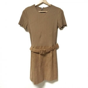  Courreges COURREGES size 9AR S - polyester light brown lady's crew neck / short sleeves / knee height beautiful goods One-piece 