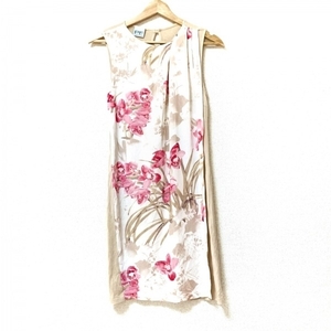  Paola Frani PAOLA FRANI size 4 XL - beige × pink × multi lady's crew neck / no sleeve / knee height / floral print One-piece 
