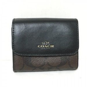 コーチ COACH コインケース F57971 シグネチャー柄 PVC(塩化ビニール)×レザー ダークブラウン×黒 財布