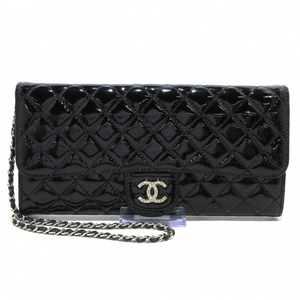 シャネル CHANEL マトラッセ エナメル（レザー） 黒 チェーンウォレット/シルバー金具 14番台 財布