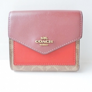 コーチ COACH 3つ折り財布/ミニ/コンパクト C2502 シグネチャー柄 PVC(塩化ビニール)×レザー ボルドー×レッド×ベージュ 財布