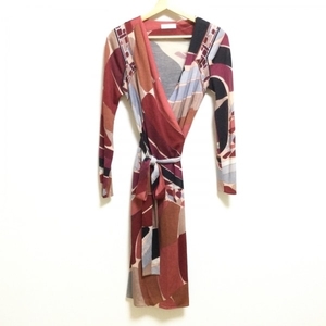  Emilio Pucci EMILIO PUCCI size 40 M - red × bordeaux × multi lady's V neck / long sleeve / knee height /kashu cool One-piece 