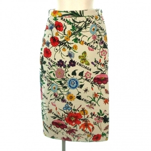  Gucci GUCCI to coil skirt size 40 M 677048 - wool, silk white × black × multi lady's floral print / long height / Balenciaga collaboration beautiful goods 