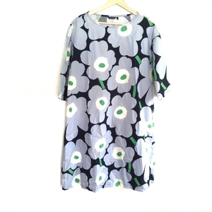 マリメッコ marimekko サイズ36 S - ライトブルー×ダークネイビー×マルチ レディース 長袖/ロング/花柄 ワンピース