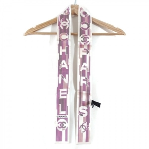 シャネル CHANEL 　 シルク 白×ピンク×マルチ リボンスカーフ/ロゴ/ストライプ 新品同様 スカーフ
