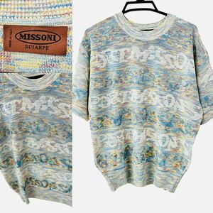  high class as good as new Missoni MISSONI men's cotton short sleeves knitted sweater multicolor total pattern border 