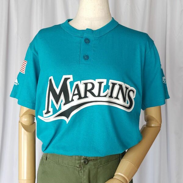 Lサイズ/マジェスティック MLB マイアミマーリンズ 半袖Tシャツ 古着 ヘンリーネック 野球