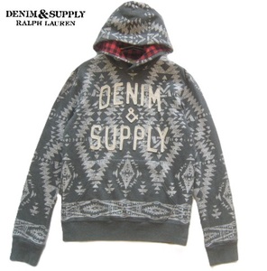 美品!!デニム＆サプライ DENIM&SUPPLY*ロゴワッペン付き ネイティブ柄プリントスウェットパーカ XS 実寸S グレー ラルフローレン