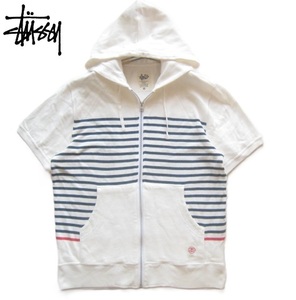  beautiful goods!! Stussy STUSSY* Logo embroidery border pattern short sleeves sweat Zip parka L white × navy blue × red 