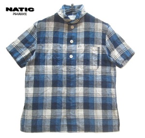 美品日本製!!マリンユニフォーム MARINE UNIFORM NATIC*丸襟 チェック柄ダブルポケット半袖ボタンダウンシャツ M 紺 ネイビー ナティック