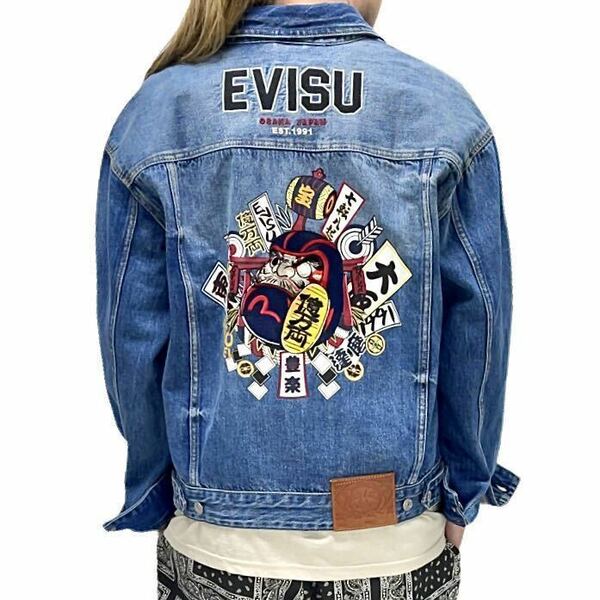 新品 EVISU HERITAGE エヴィスヘリテージ 達磨 ダルマ 億万両 小判 刺繍 七転八倒 東京 大阪 札 宝 小槌 縁起物 デニムジャケット Gジャン