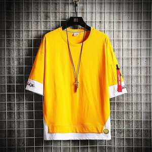 新品 メンズ半袖Tシャツ、カットソー 人気 原宿 韓国 tシャツ 夏 遮熱 抗菌防臭 上着 おしゃれ カジュアル ファッション イエロー 2XL