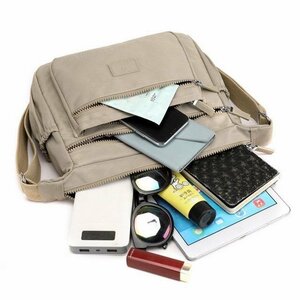 レディースショルダーバッグ バッグ 大容量 ポケット多数 斜めがけ 肩掛け チャック iPad 防水 ナイロン 軽量 多機能的 カーキ