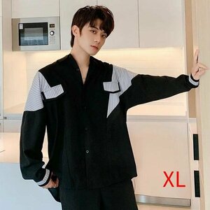韓国 ファッション ゆったり 変形 長袖シャツ ストライプ柄 ボタンダウン ペールカラー 病みかわいい シェア服　ブラックXL