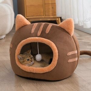 猫 犬 ベッド ふわふわ　暖か もこもこ　キャット　ペット用品 ペットハウス　滑り止め　クッション　柔らかい　秋冬　ブラウン Mサイズ
