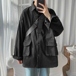 メンズカバーオール メンズ アウター シャツジャケット 秋春服 ファッション 新作 カジュアル　ブラック　2XL