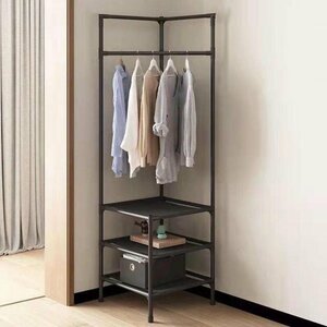  hanger rack corner hanger pipe rack 3 step shelves Western-style clothes rack small articles storage space-saving entranceway rack living rack black 