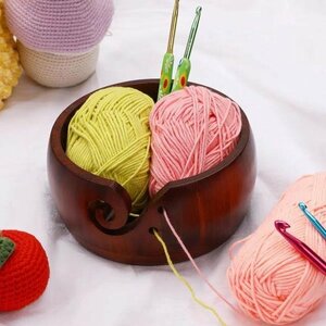  wooden ya-n ball knitted bowl crochet needle braided for knitted bowl knitting wool. knitting thickness. exist natural tree material knitting wool sphere inserting knitting wool drawer Brown 