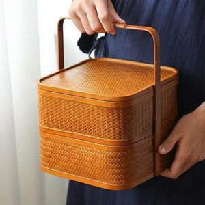 竹編み カゴ 　収納ボックス カゴ ハンドメイド　茶器 茶具 竹籠 バスケット お出かけ用 バッグ 高級 2段式